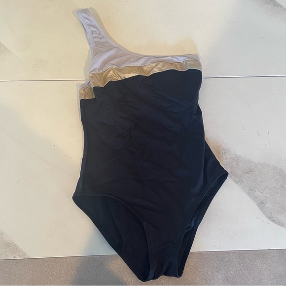 $158 Solid & Striped The Chloe Colorblock Swimsuit One-Shoulder Black Gold XS - Picture 11 of 12
